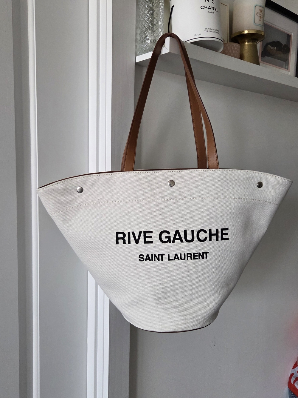 Saint Laurent Rive Gauche White Canvas Tote with Brown Leather Handles - Picture 1 of 14